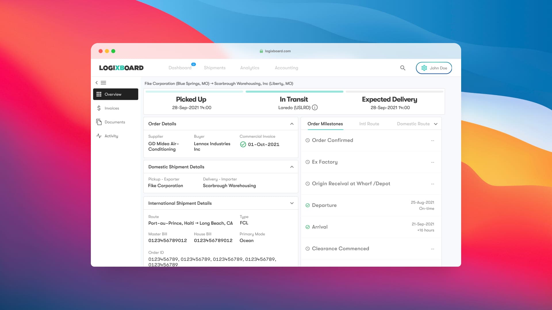 Logixboard Shipment Lifecycle Screenshot